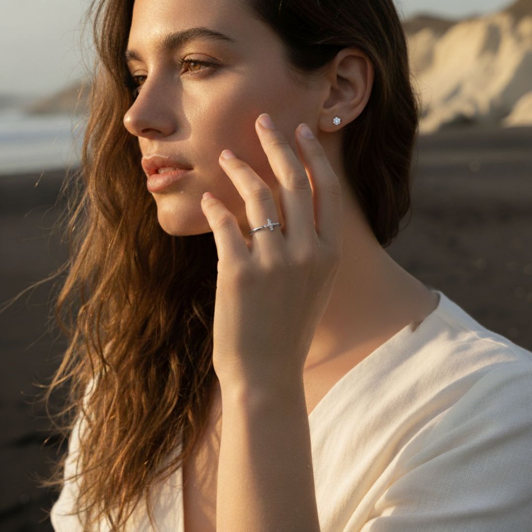 Elegant Open Cuff Ring - Sideways Cross Design in Gold Plating, Hypoallergenic