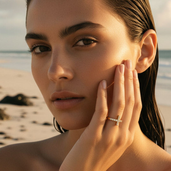 Elegant Open Cuff Ring - Sideways Cross Design in Gold Plating, Hypoallergenic