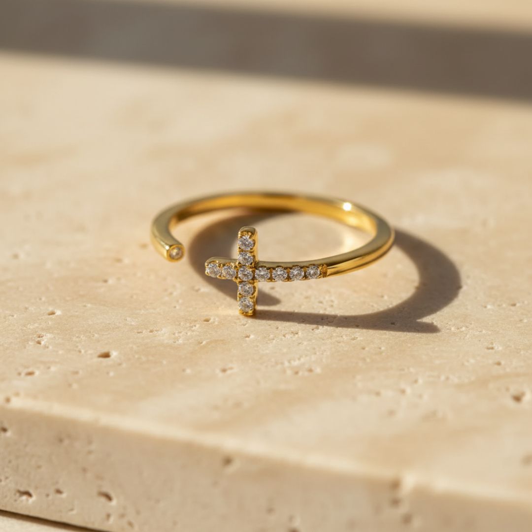 Elegant Open Cuff Ring - Sideways Cross Design in Gold Plating, Hypoallergenic