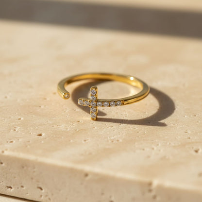 Elegant Open Cuff Ring - Sideways Cross Design in Gold Plating, Hypoallergenic