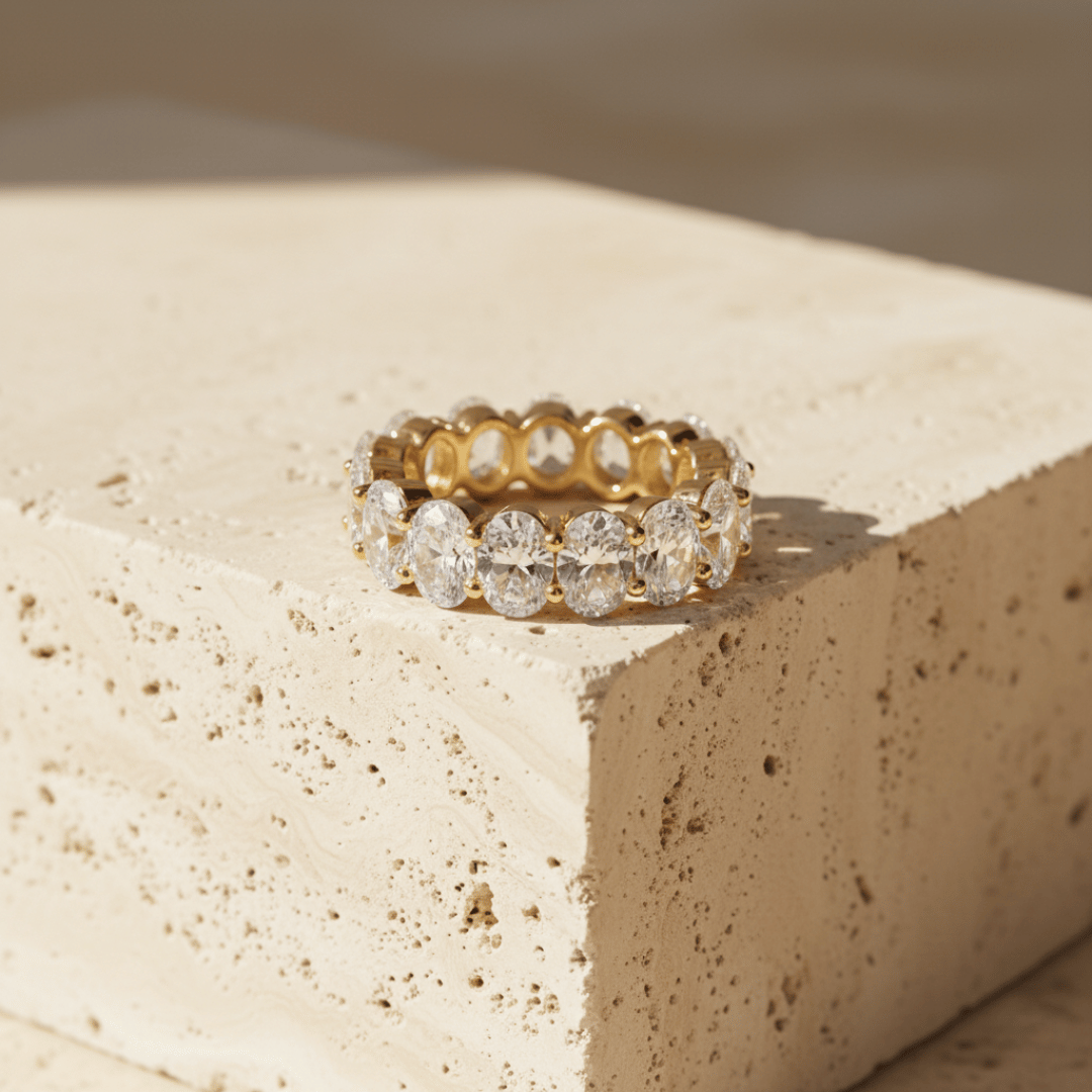 Elegant Oval Cut Eternity Ring - Gold or Rhodium Plated with Cubic Zirconia