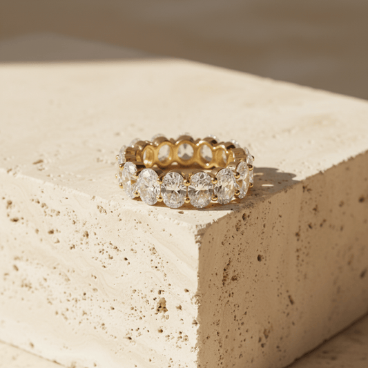 Elegant Oval Cut Eternity Ring - Gold or Rhodium Plated with Cubic Zirconia