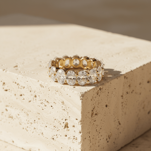 Elegant Oval Cut Eternity Ring - Gold or Rhodium Plated with Cubic Zirconia