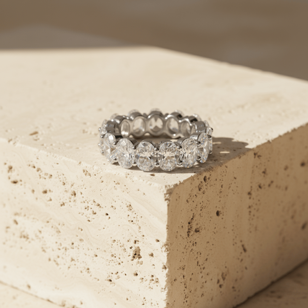 Elegant Oval Cut Eternity Ring - Gold or Rhodium Plated with Cubic Zirconia