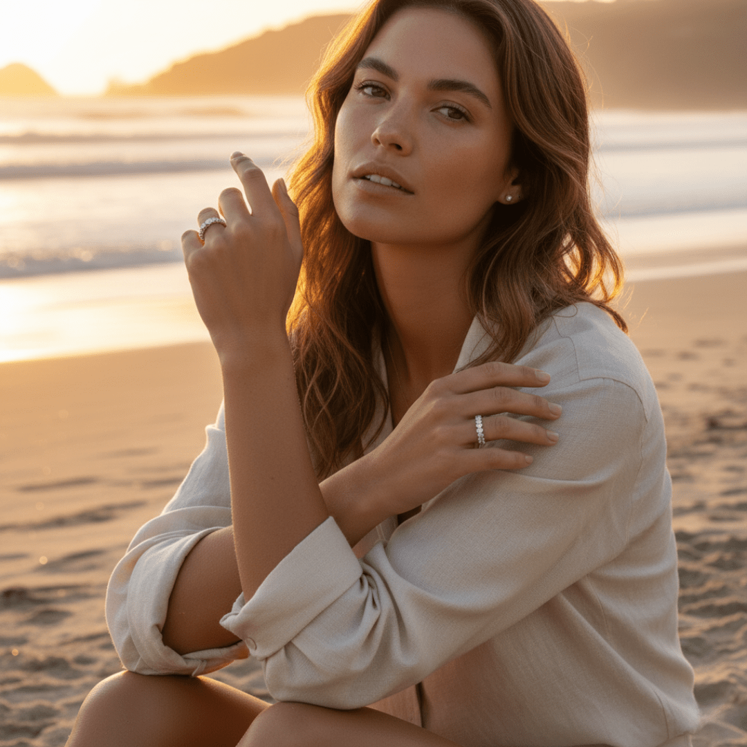 Elegant Oval Cut Eternity Ring - Gold or Rhodium Plated with Cubic Zirconia