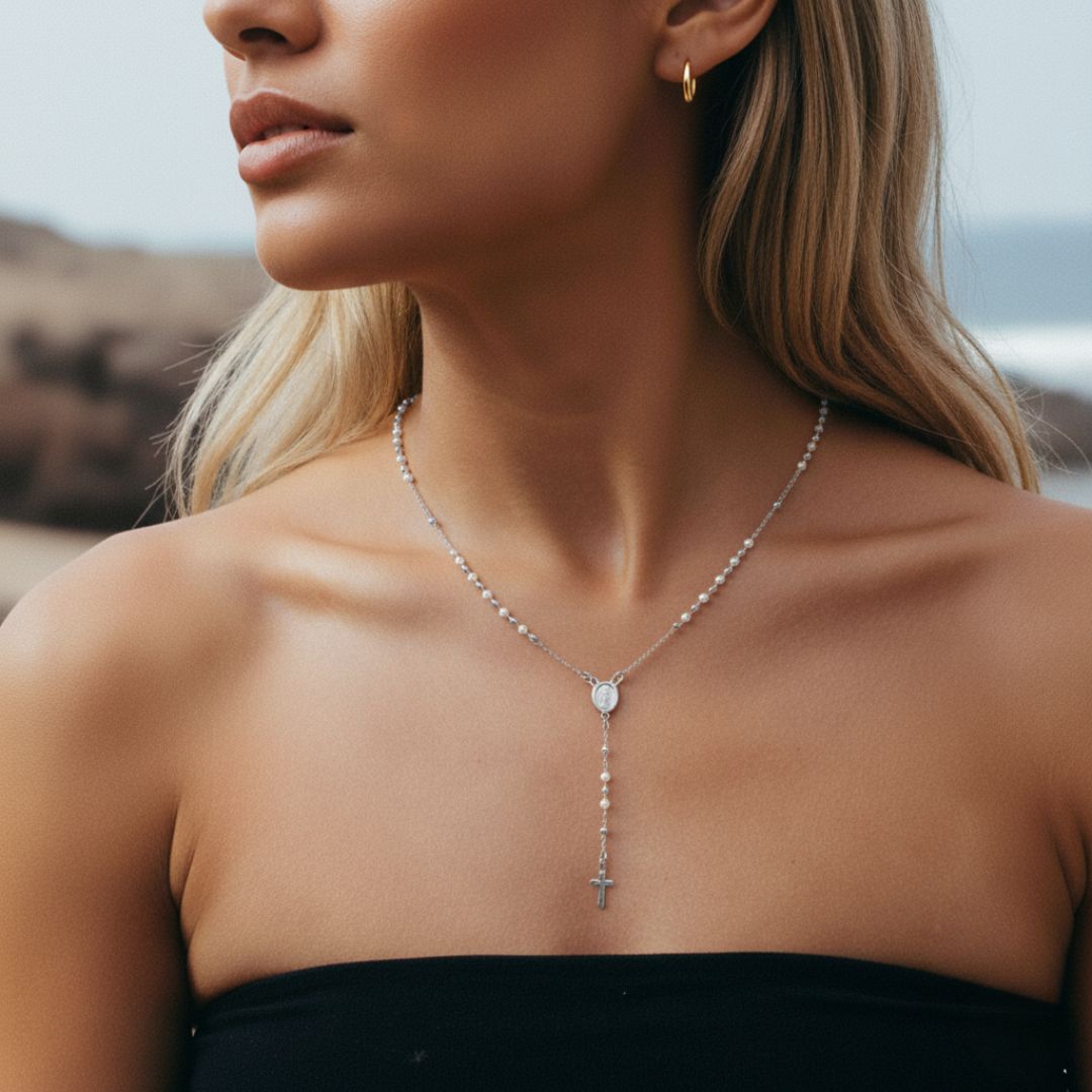 Elegant Pearl Mary Rosary Cross Necklace - Gold Filled