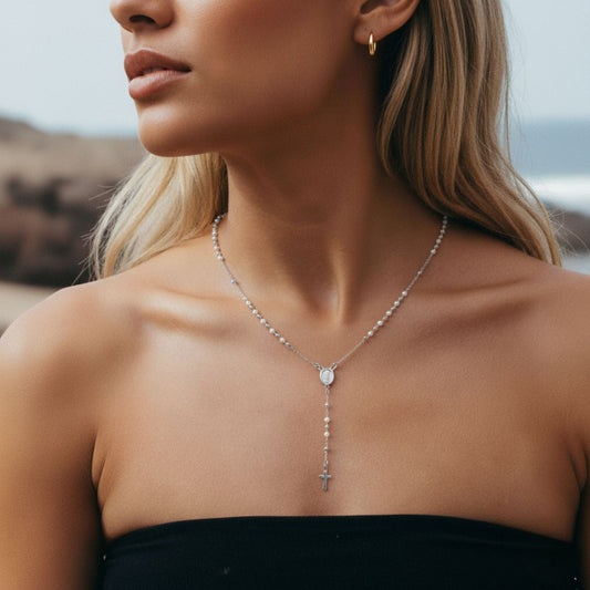 Elegant Pearl Mary Rosary Cross Necklace - Gold Filled