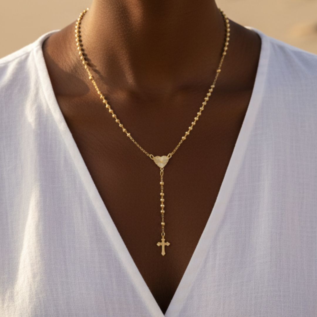 Elegant Pearl Mary Rosary Cross Necklace - Gold Filled
