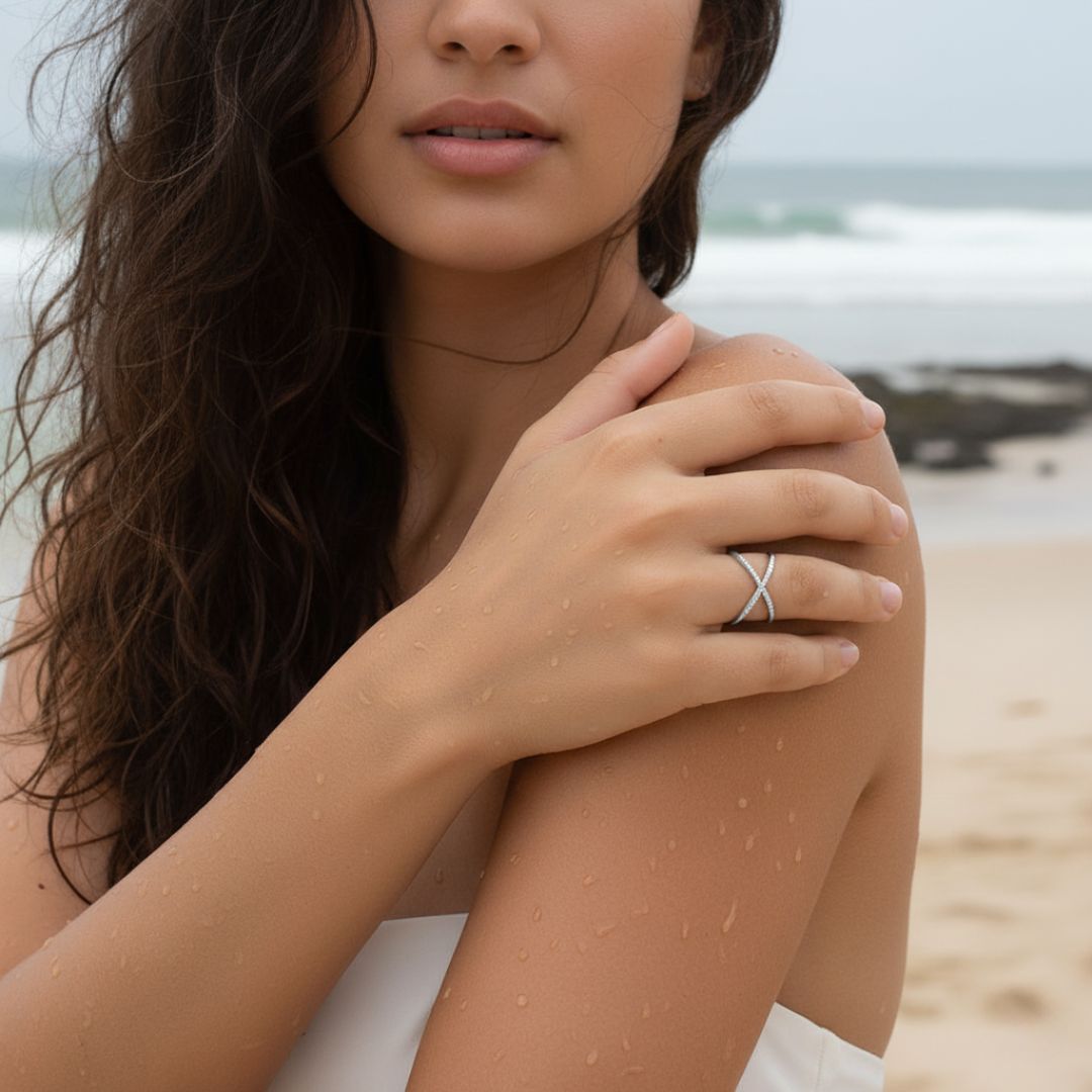 Elegant X-Shaped Stainless Steel Ring with Sparkling Crystals - Adjustable Fit