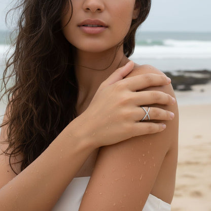 Elegant X-Shaped Stainless Steel Ring with Sparkling Crystals - Adjustable Fit