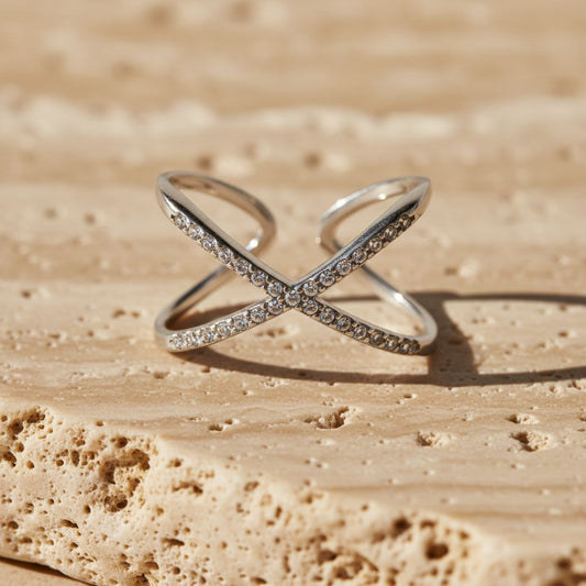 Elegant X-Shaped Stainless Steel Ring with Sparkling Crystals - Adjustable Fit