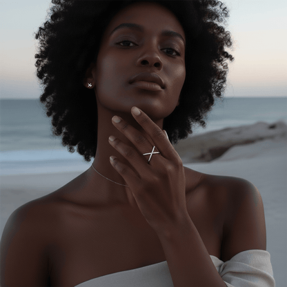 Elegant X-Shaped Stainless Steel Ring with Sparkling Crystals - Adjustable Fit