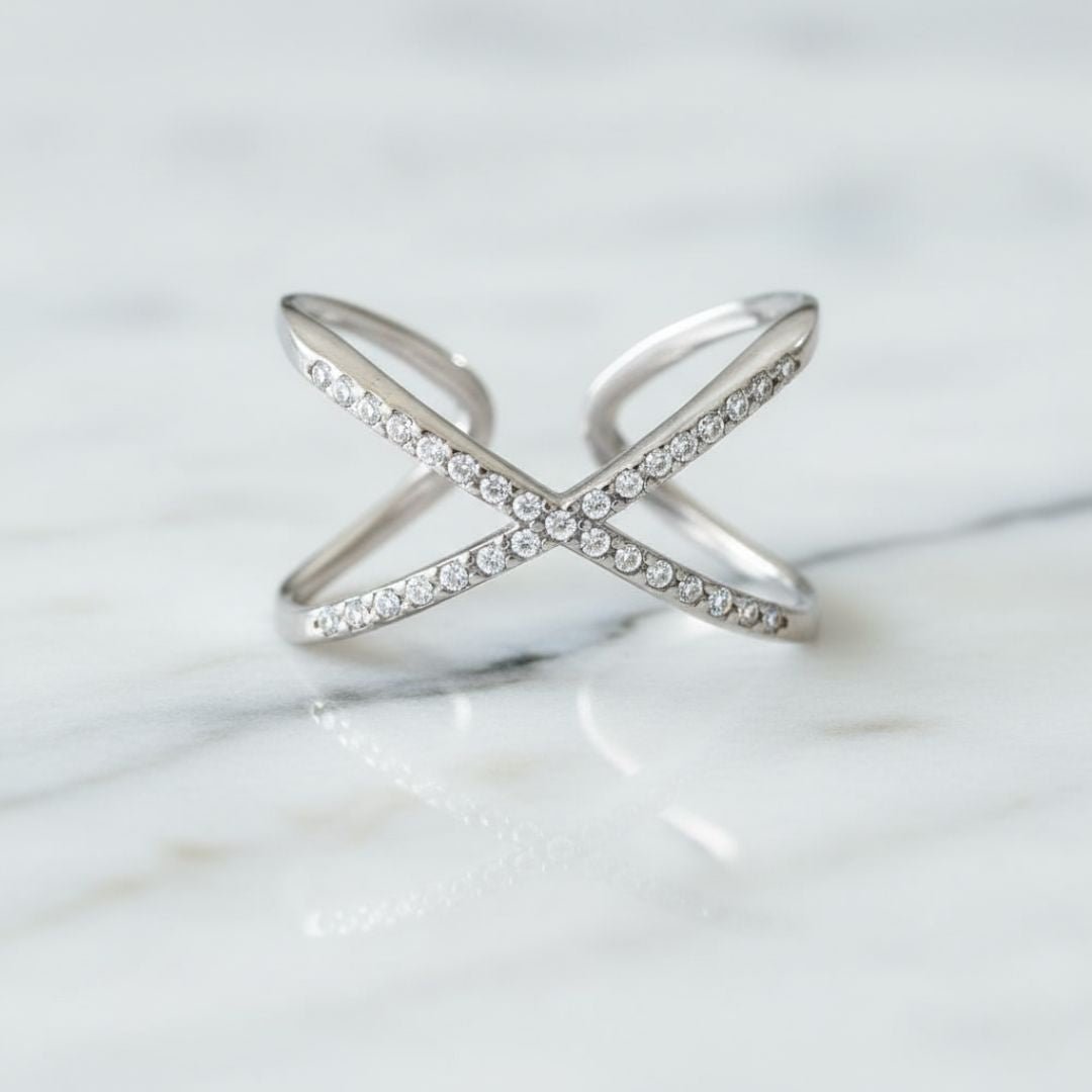 Elegant X-Shaped Stainless Steel Ring with Sparkling Crystals - Adjustable Fit