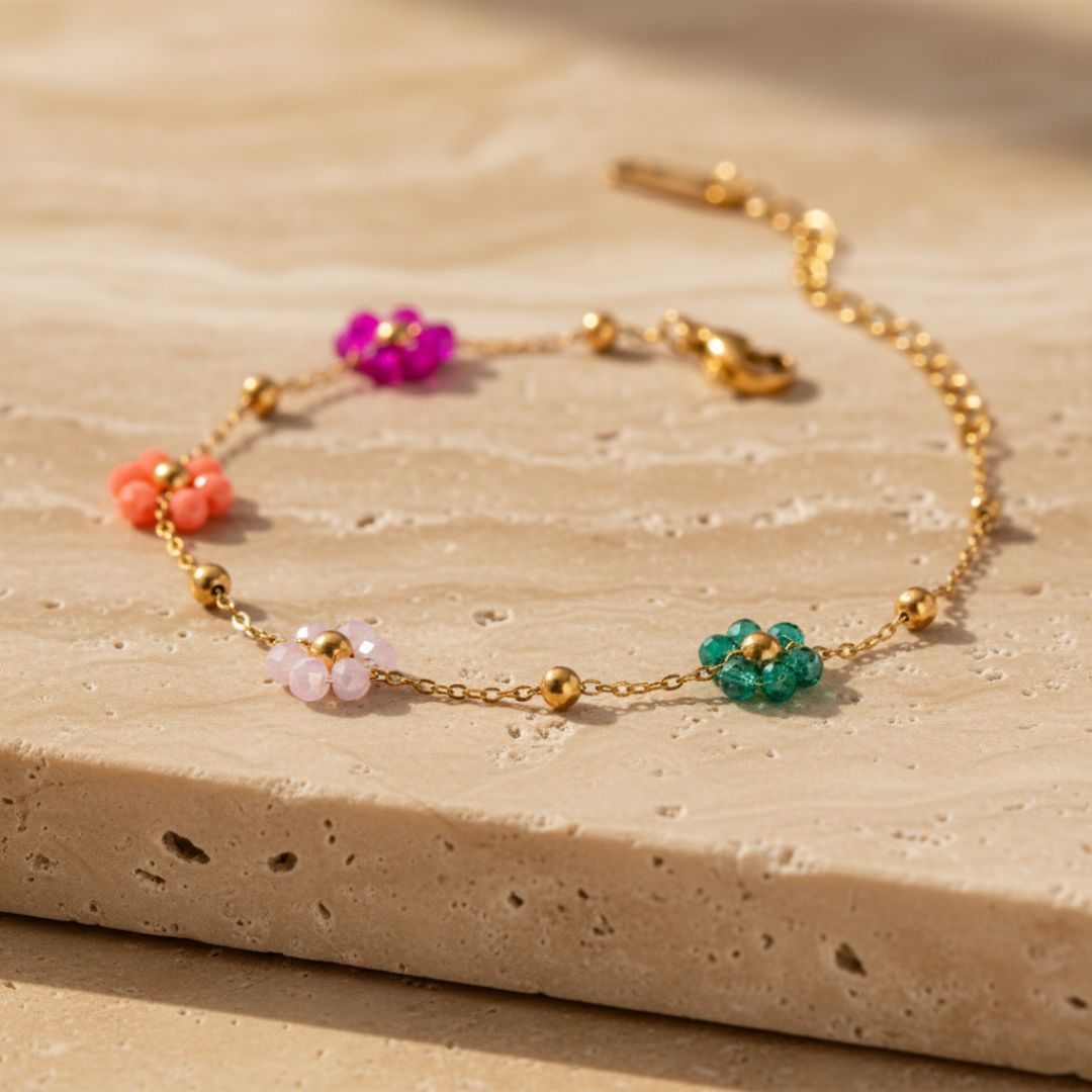 Floral Beaded Bracelet with Gold Coating - Handcrafted Colorful Design