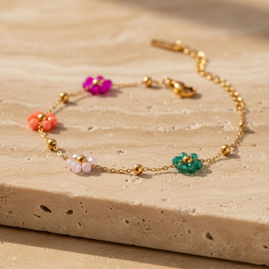 Floral Beaded Bracelet with Gold Coating - Handcrafted Colorful Design