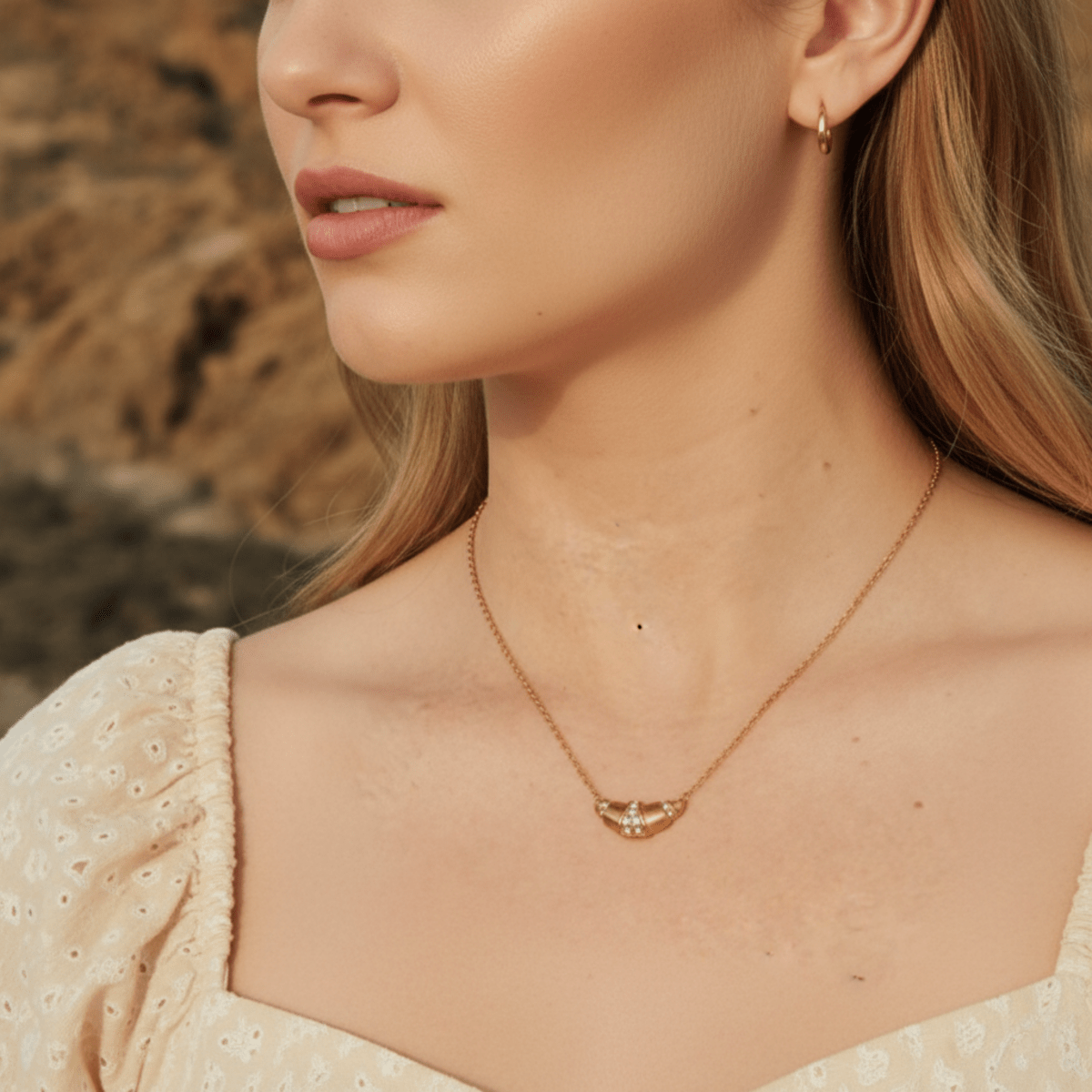 Glitter Croissant Necklace - Adjustable Gold-Colored Stainless Steel Design