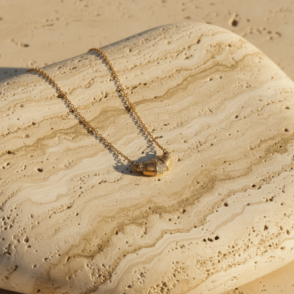 Glitter Croissant Necklace - Adjustable Gold-Colored Stainless Steel Design